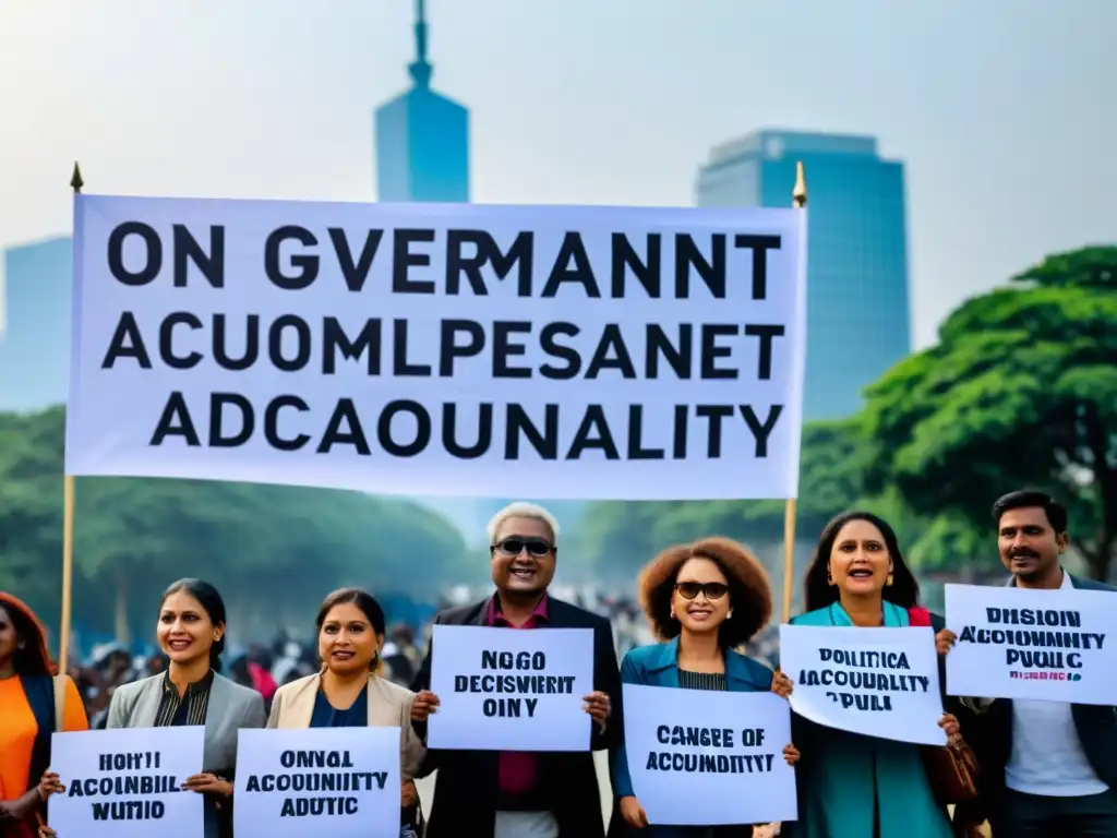 Un grupo de activistas y miembros de ONGs se unen frente a un edificio gubernamental con pancartas, exigiendo transparencia en incidencia política