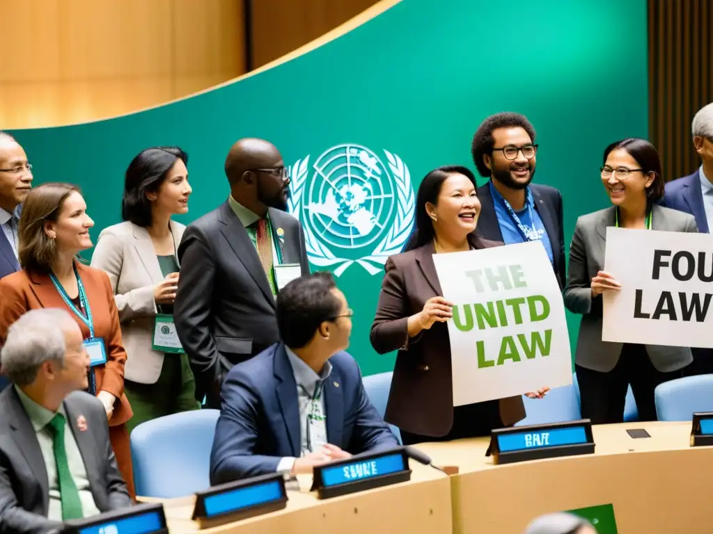 Grupo de activistas de ONGs debatiendo estrategias en conferencia de la ONU sobre la importancia de las ONGs en derecho ambiental