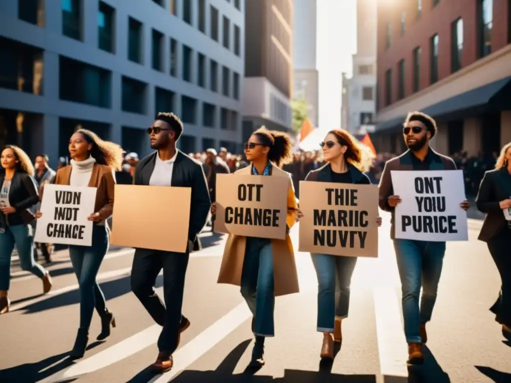 Grupo de activistas marchando con pancartas en la ciudad, mostrando determinación y unidad