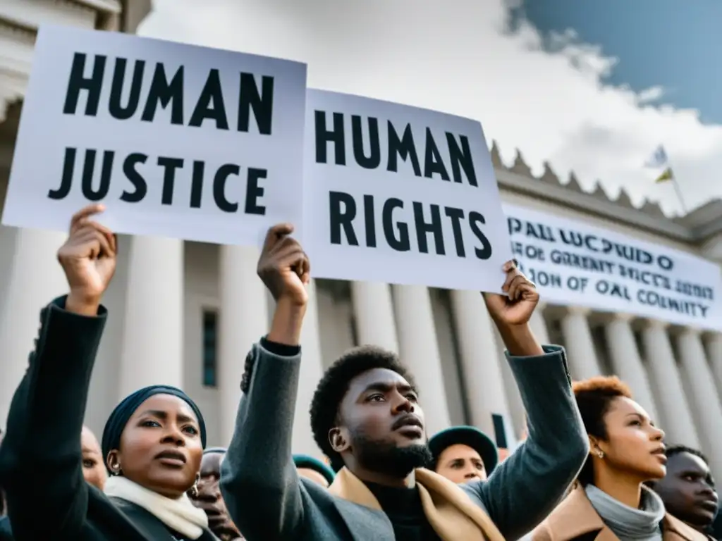 Protesta por los derechos humanos: Determinación y unidad en acción Grupo de activistas levantan pancartas por los derechos humanos frente a edificio gubernamental