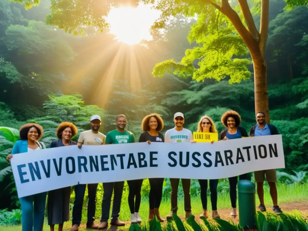 Un grupo de activistas y voluntarios ambientales frente a un bosque exuberante, sosteniendo carteles sobre conservación y prácticas sostenibles