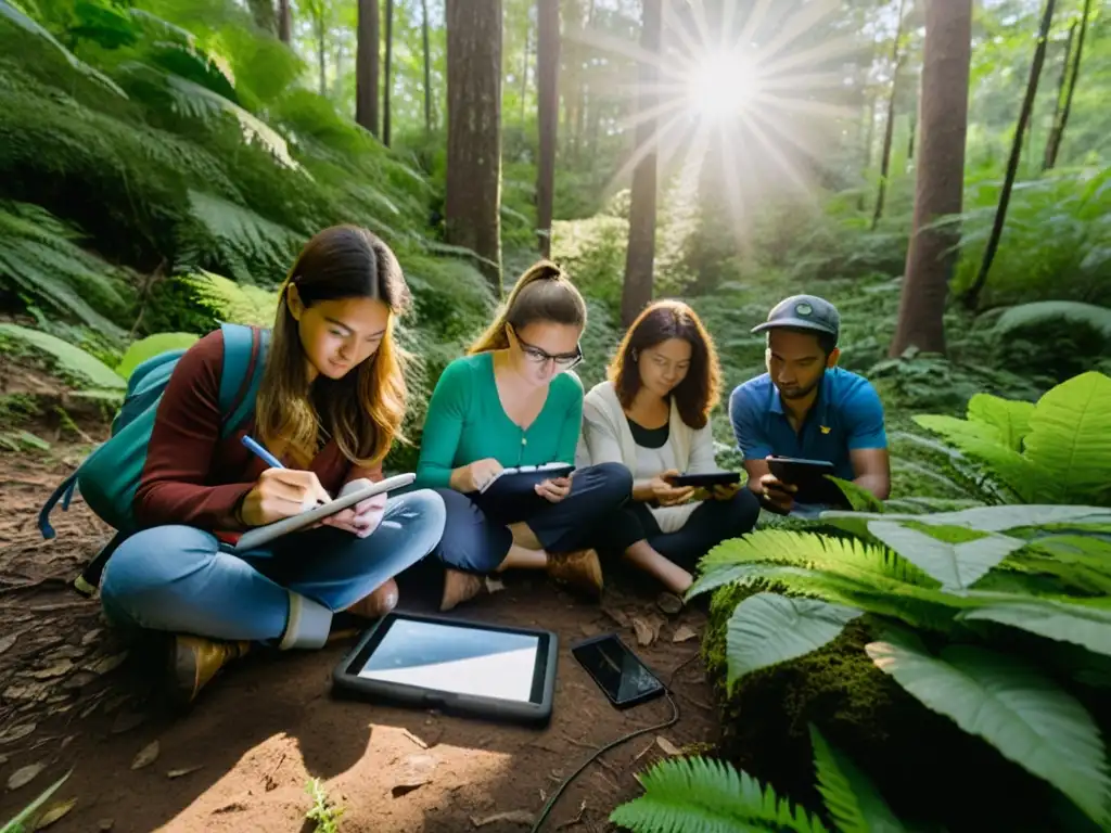 Un grupo de activistas y voluntarios de ONGs se reúne en un bosque exuberante para realizar una encuesta de flora y fauna