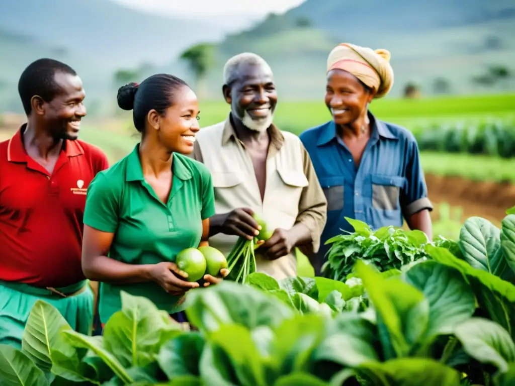 Un grupo de agricultores en un campo verde y exuberante de un país en desarrollo, trabajando juntos en proyectos de seguridad alimentaria ONG