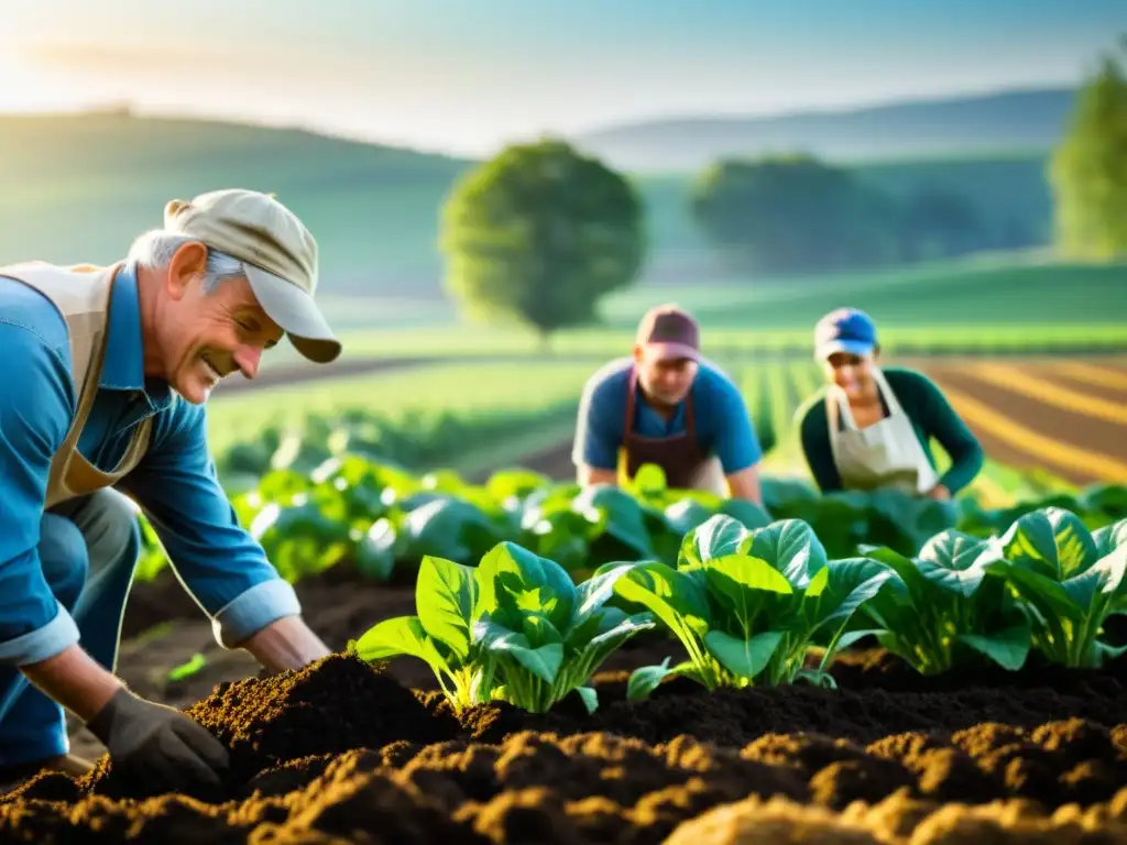 Un grupo de agricultores colaborando en prácticas agrícolas sostenibles, cultivando cosechas orgánicas bajo la cálida luz del sol