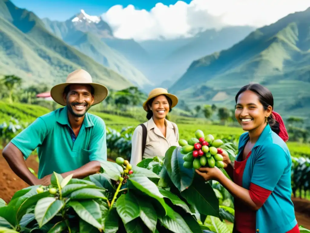 Un grupo de agricultores y trabajadores sonrientes de una cooperativa de Comercio Justo recolectan cerezas de café en una plantación soleada, rodeados de exuberante vegetación y las imponentes cumbres de los Andes