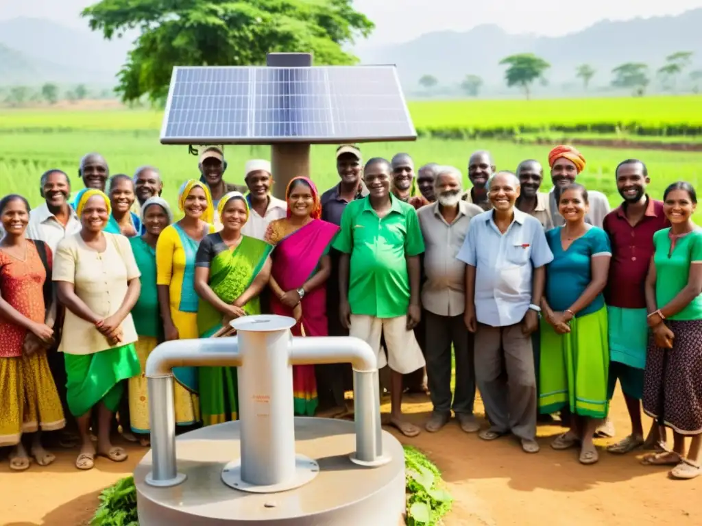 Un grupo de aldeanos sonrientes se reúne alrededor de una bomba de agua solar en una comunidad rural