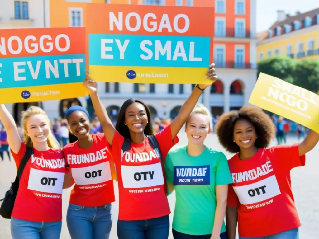 Grupo alegre de voluntarios promocionando estrategias de recaudación de fondos para ONG pequeñas en bulliciosa plaza de la ciudad