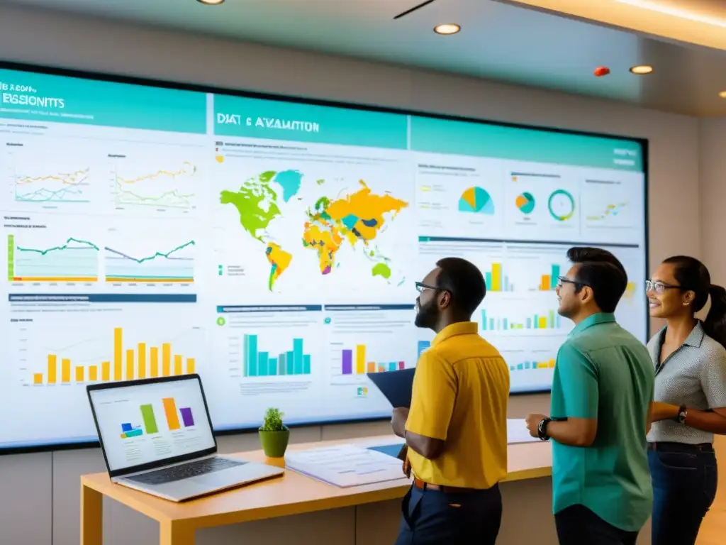 Equipo de trabajo y voluntarios de ONG analizando datos Un grupo de analistas de datos y voluntarios de una ONG colaboran frente a una pared llena de gráficos coloridos y mapas