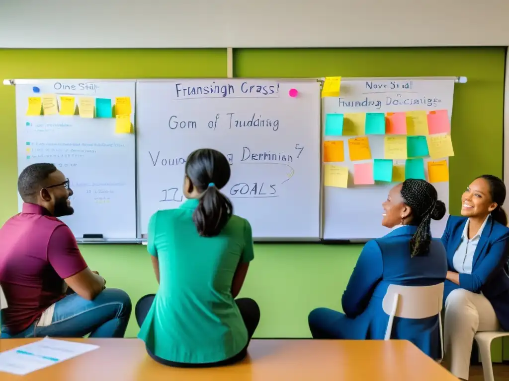 Grupo apasionado de voluntarios discuten estrategias recaudación fondos ONG pequeñas en ambiente inspirador al atardecer