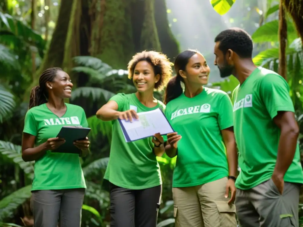 Un grupo de apasionados activistas ambientales usando camisetas verdes con el logo de su organización, se paran en un círculo en la exuberante selva