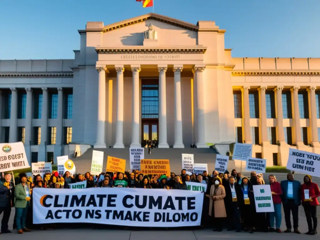 Un grupo de apasionados activistas ambientales de varias ONGs se paran frente a un imponente edificio gubernamental, sosteniendo pancartas con mensajes poderosos que abogan por la acción climática