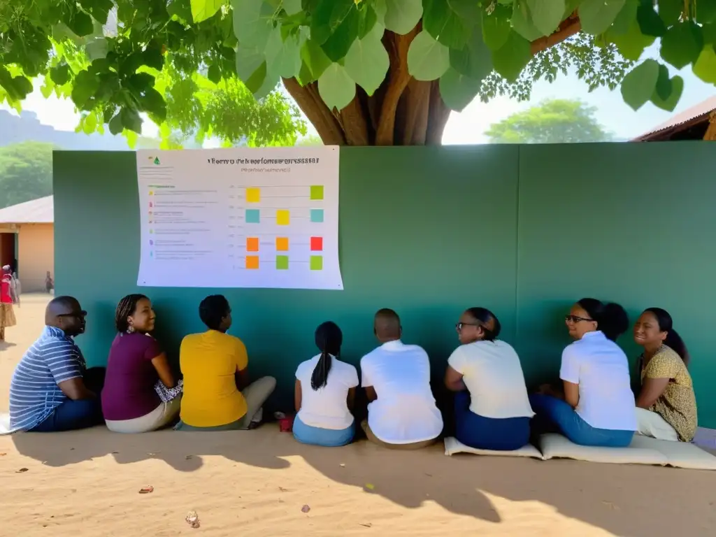 Grupo participando en evaluación bajo un árbol, usando métodos de evaluación participativa ONG, con gráficos coloridos