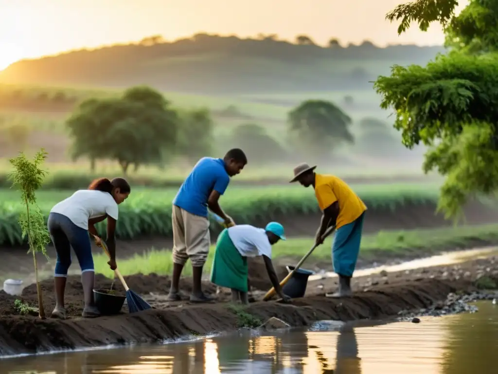 Grupo plantando árboles y limpiando río contaminado al atardecer, luchando contra el cambio climático en comunidades vulnerables