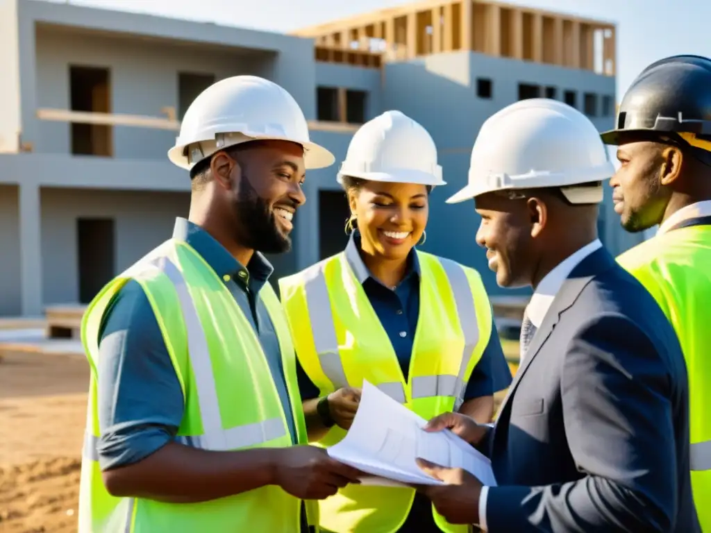 Un grupo de arquitectos y trabajadores de la construcción con cascos discuten planos y proyectos de vivienda en un sitio de desarrollo comunitario