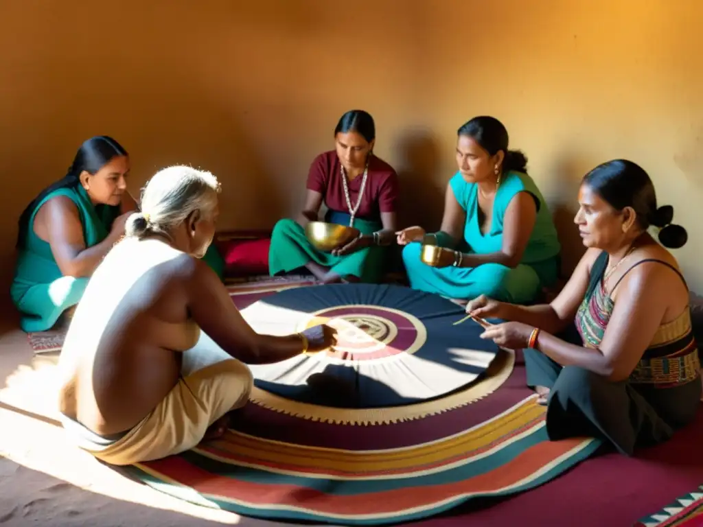 Un grupo de artesanos indígenas preservando su identidad cultural en ONGs, tejiendo tradiciones con textiles vibrantes y expresiones concentradas