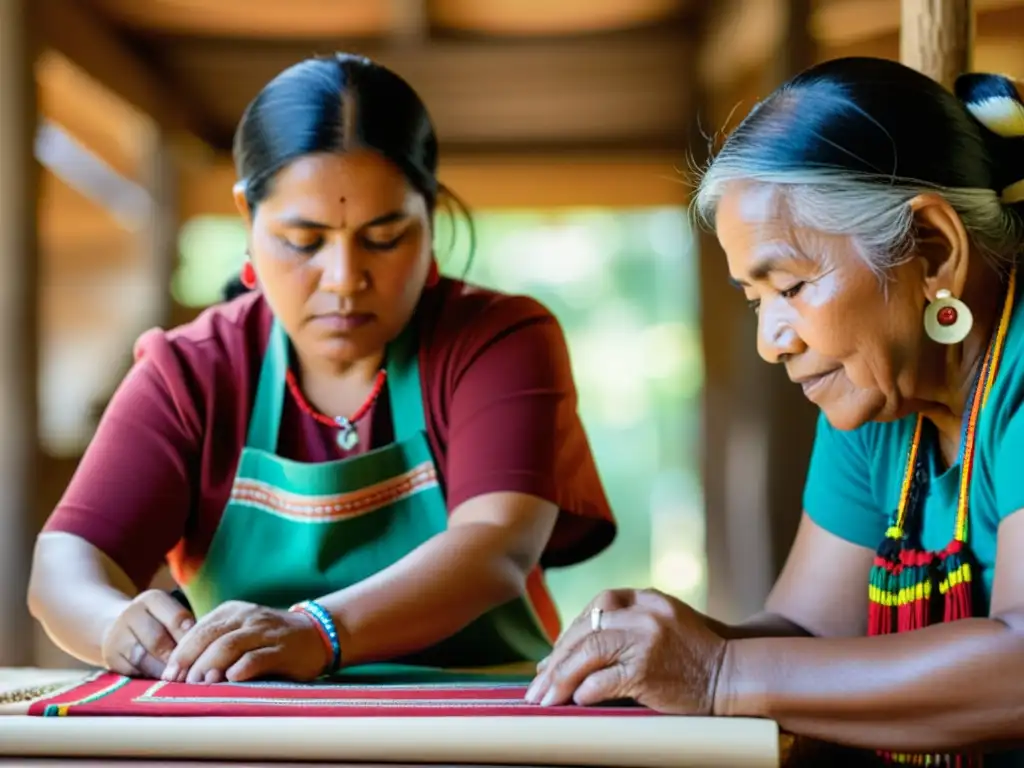 Grupo de artesanos indígenas preservando identidades en proyectos sociales con tejidos coloridos y expresiones de determinación en taller comunitario