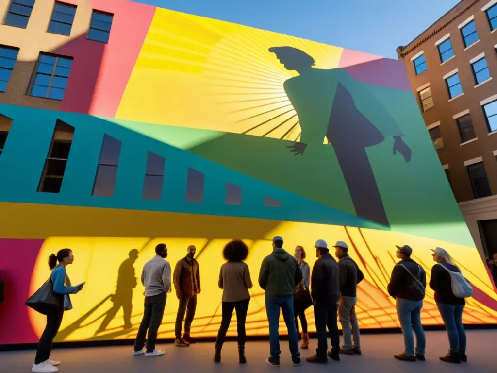 Un grupo de artistas y voluntarios creando una instalación artística en la ciudad, reflejando el financiamiento cultural para ONGs