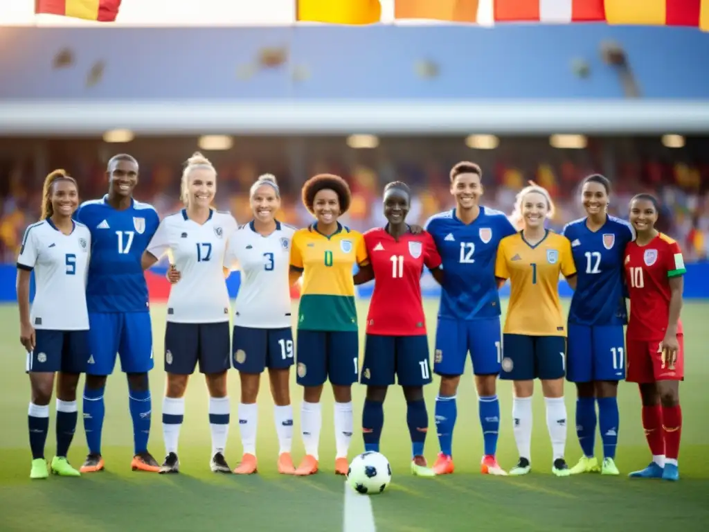 Un grupo de atletas diversos de diferentes países unidos, sonriendo y vistiendo uniformes nacionales, en un campo de fútbol