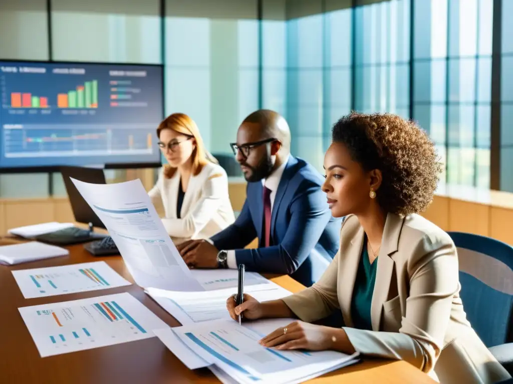 Grupo de auditores revisando documentos financieros en una oficina iluminada por el sol, con papeles y pantallas de computadora mostrando gráficos y tablas, inmersos en una discusión sobre el impacto de las leyes tributarias internacionales en auditorías de ONGs