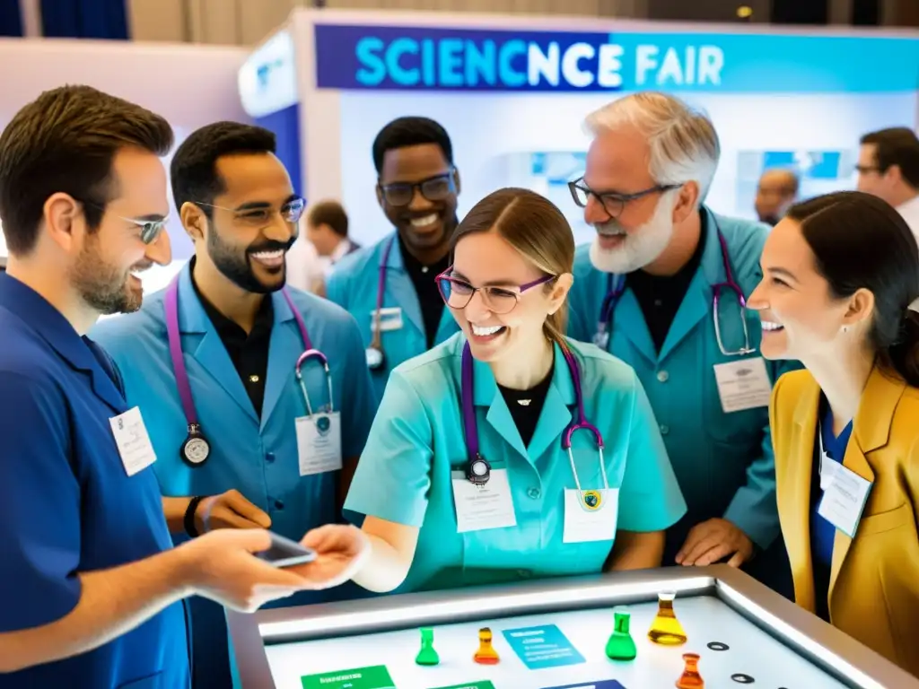 Un grupo de científicos interactúa con la comunidad en una feria de ciencias, mostrando experimentos