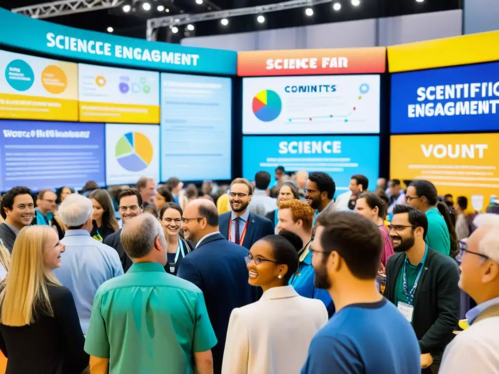 Grupo de científicos y voluntarios interactuando con la comunidad en una feria de ciencias, rodeados de exhibiciones interactivas y visitantes entusiastas, destacando las estrategias de redes sociales de la ONG