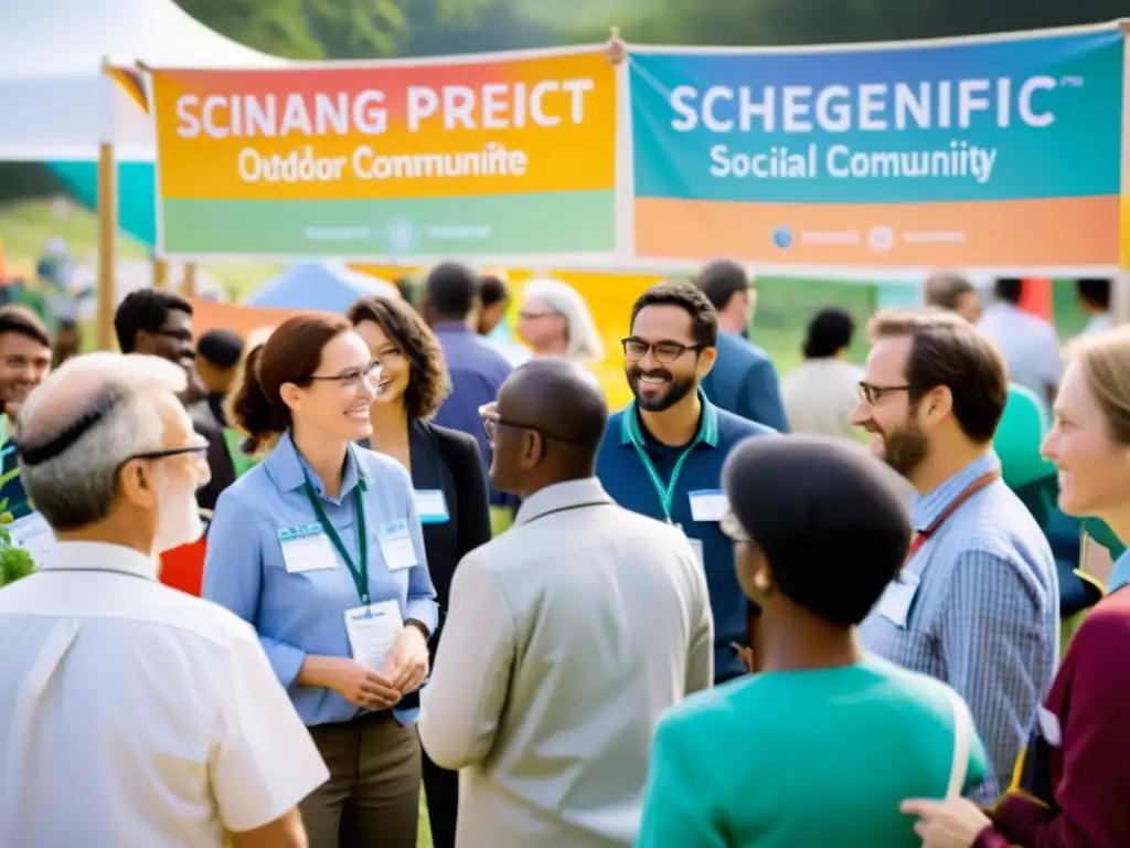 Grupo de científicos y voluntarios en evento comunitario al aire libre, con estrategias de redes sociales ONG para conectar con la comunidad local