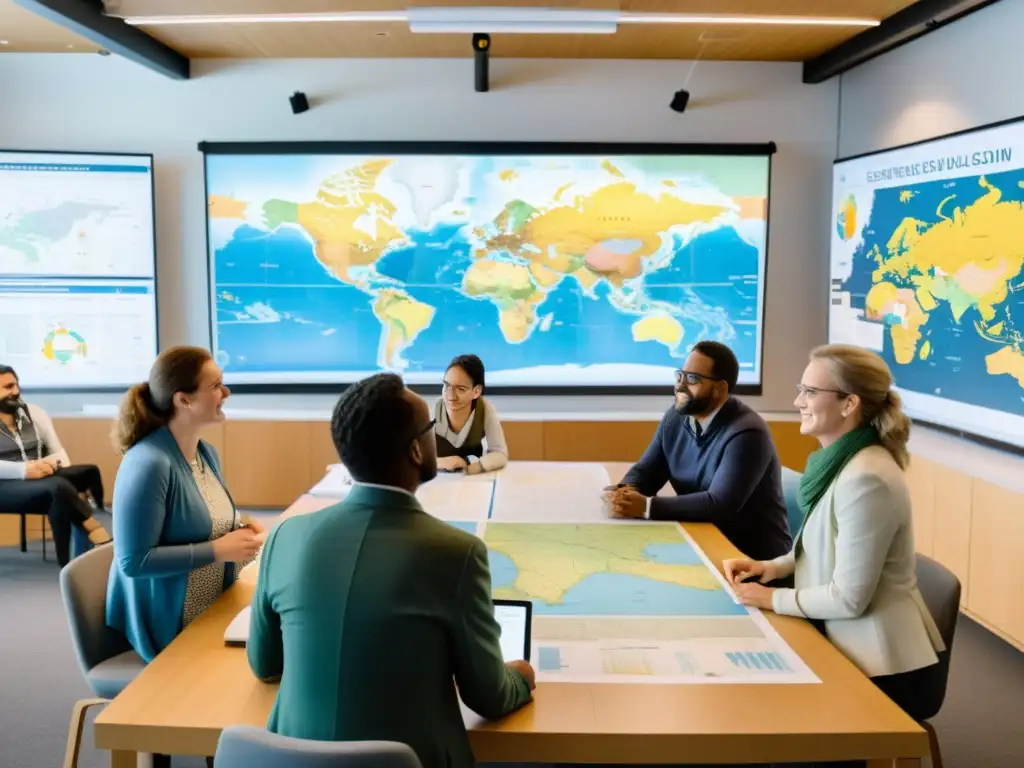 Colaboración científica en ONG: innovación y compromiso comunitario Un grupo de científicos y voluntarios colaboran alrededor de una mesa cubierta de mapas y gráficos