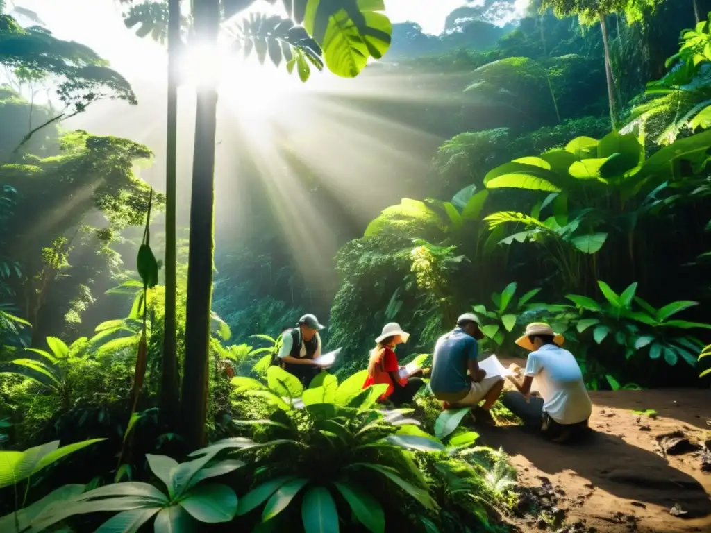 Grupo de científicos y voluntarios investigando en la selva, con el sol iluminando la exuberante flora y fauna