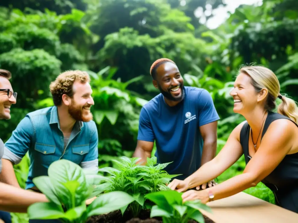 Workshop de Sostenibilidad: Colaboración Apasionada Grupo comprometido colaborando en formación en sostenibilidad para ONGs entre exuberante naturaleza