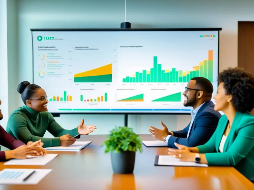 Un grupo comprometido discute métodos de evaluación de impacto en ONGs, mostrando determinación y colaboración en una brillante sala de juntas