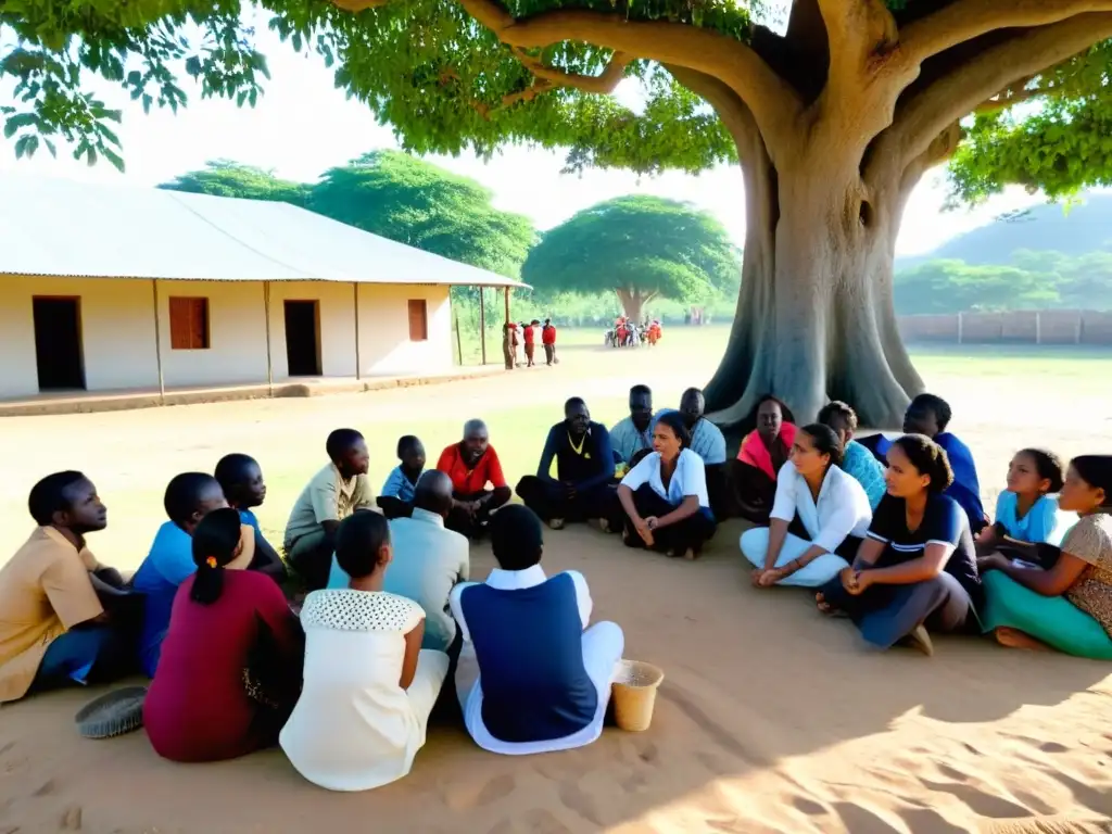 Círculo comunitario: colaboración y cambio positivo Grupo comunitario se reúne bajo un árbol para discutir programas sociales ONGs