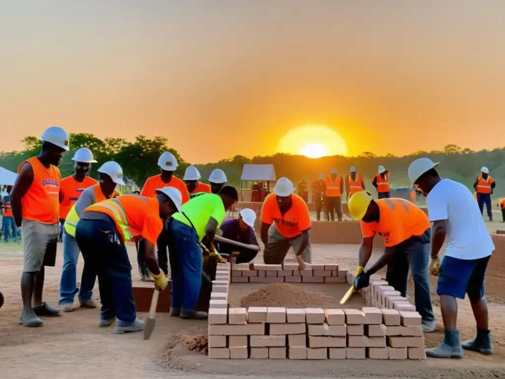 Grupo colaborando en la construcción de viviendas asequibles para ONGs al atardecer, mostrando unidad y propósito