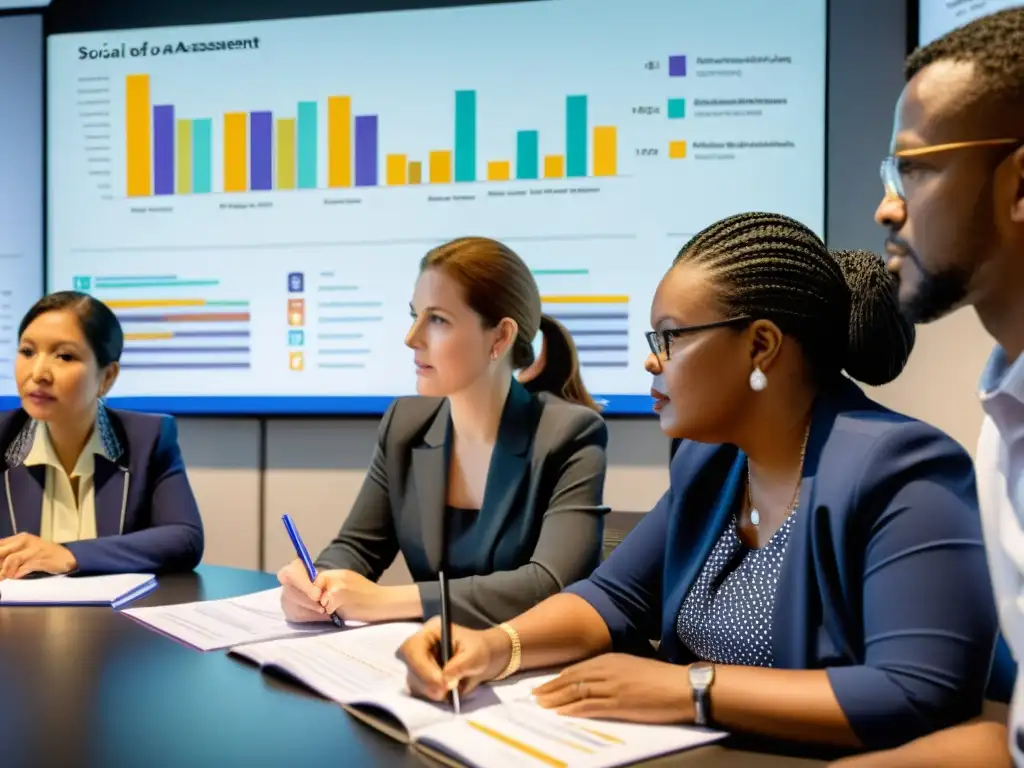 Análisis profundo de impacto social: personas revisando datos Un grupo analiza datos y evalúa impacto de programas sociales