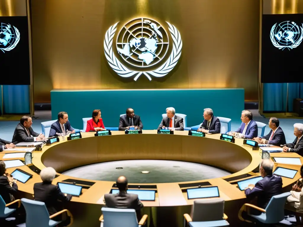 Grupo de diplomáticos y representantes de ONGs en intensa discusión en la sede de la ONU