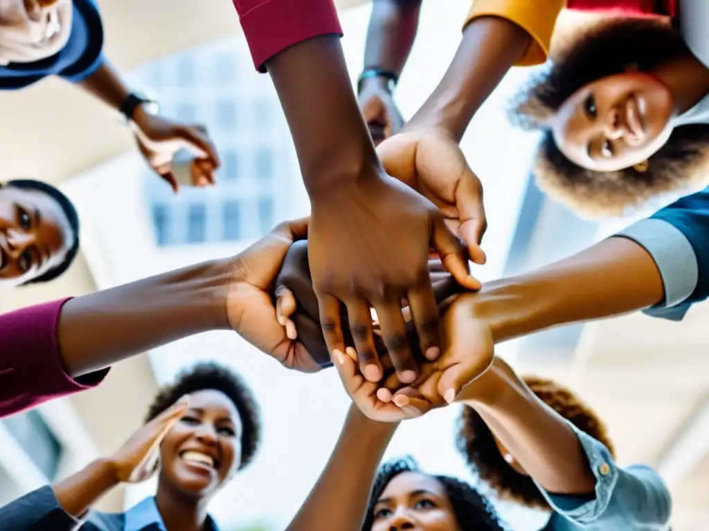 Un grupo diverso colabora en una actividad solidaria, reflejando empatía, determinación y unidad