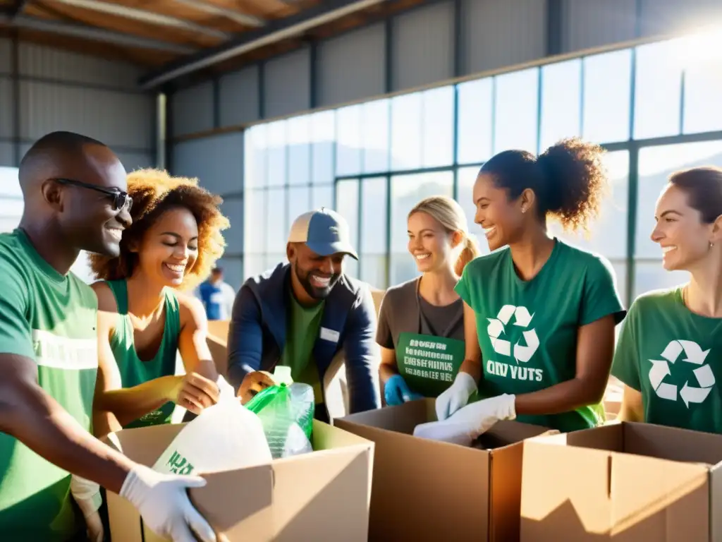 Un grupo diverso de activistas ambientales y voluntarios ordenan materiales reciclables en un centro con luz cálida