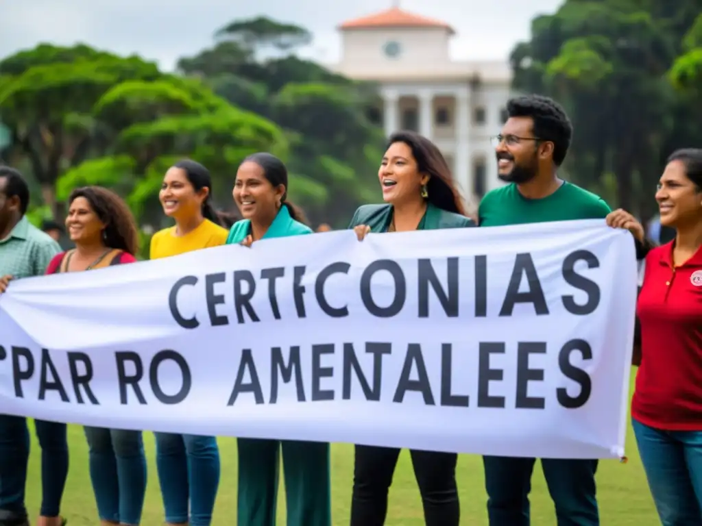 Un grupo diverso de activistas ambientales sostiene un letrero 'Certificaciones Ambientales para ONGs' en una manifestación pacífica