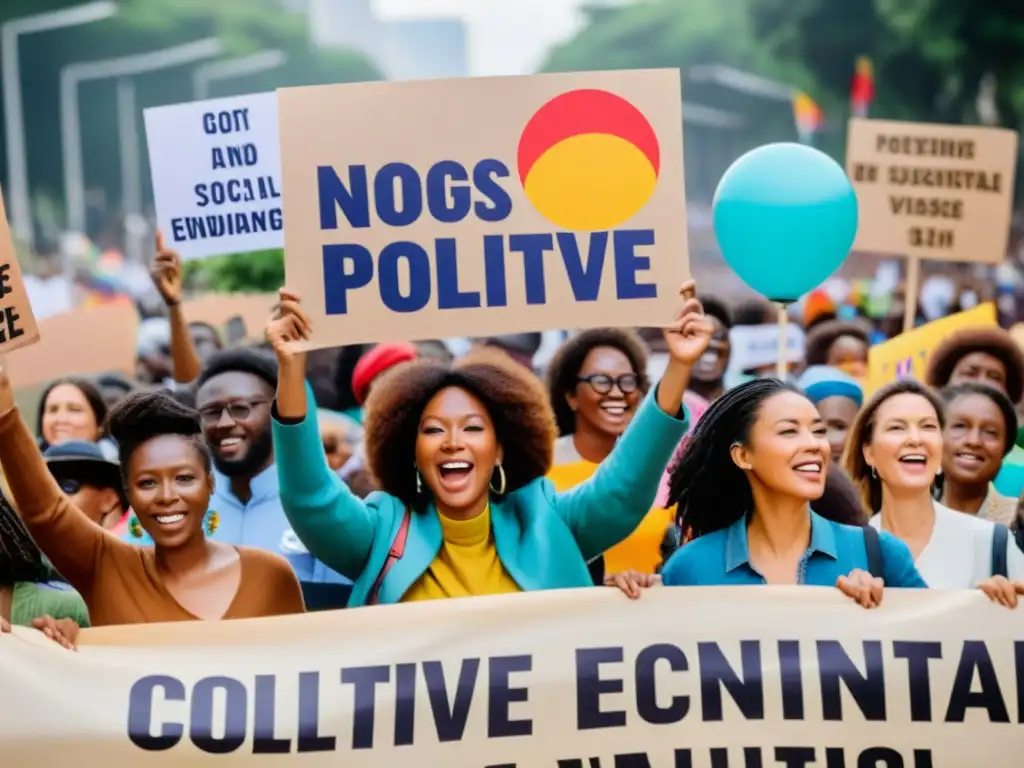 Un grupo diverso de activistas apasionados sostiene pancartas coloridas, marchando en una protesta pacífica por la justicia social y ambiental