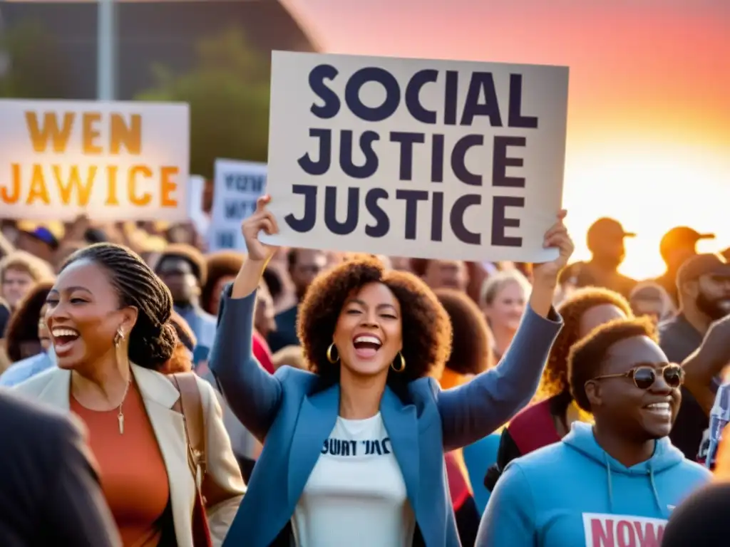 Un grupo diverso de activistas sostiene carteles con mensajes de justicia social en una protesta al atardecer