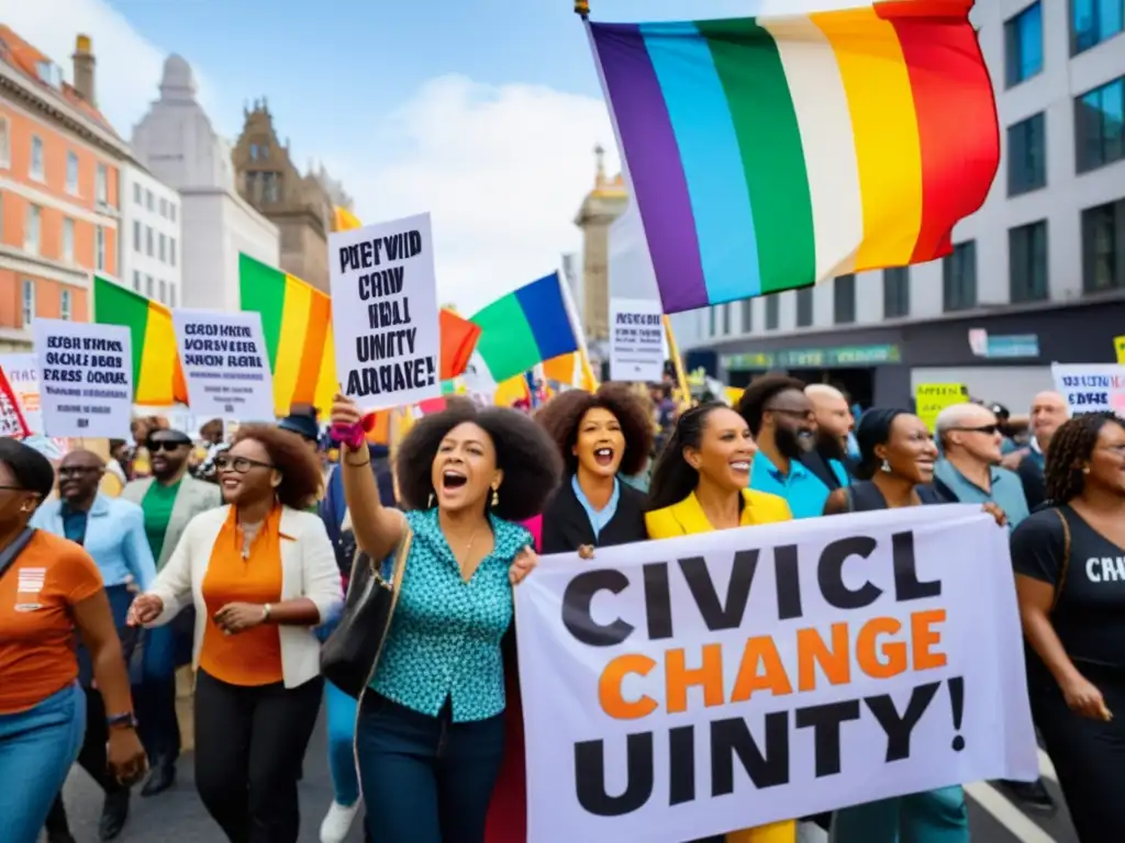 Un grupo diverso de activistas marcha por la ciudad con pancartas coloridas, transmitiendo un mensaje de unidad y propósito