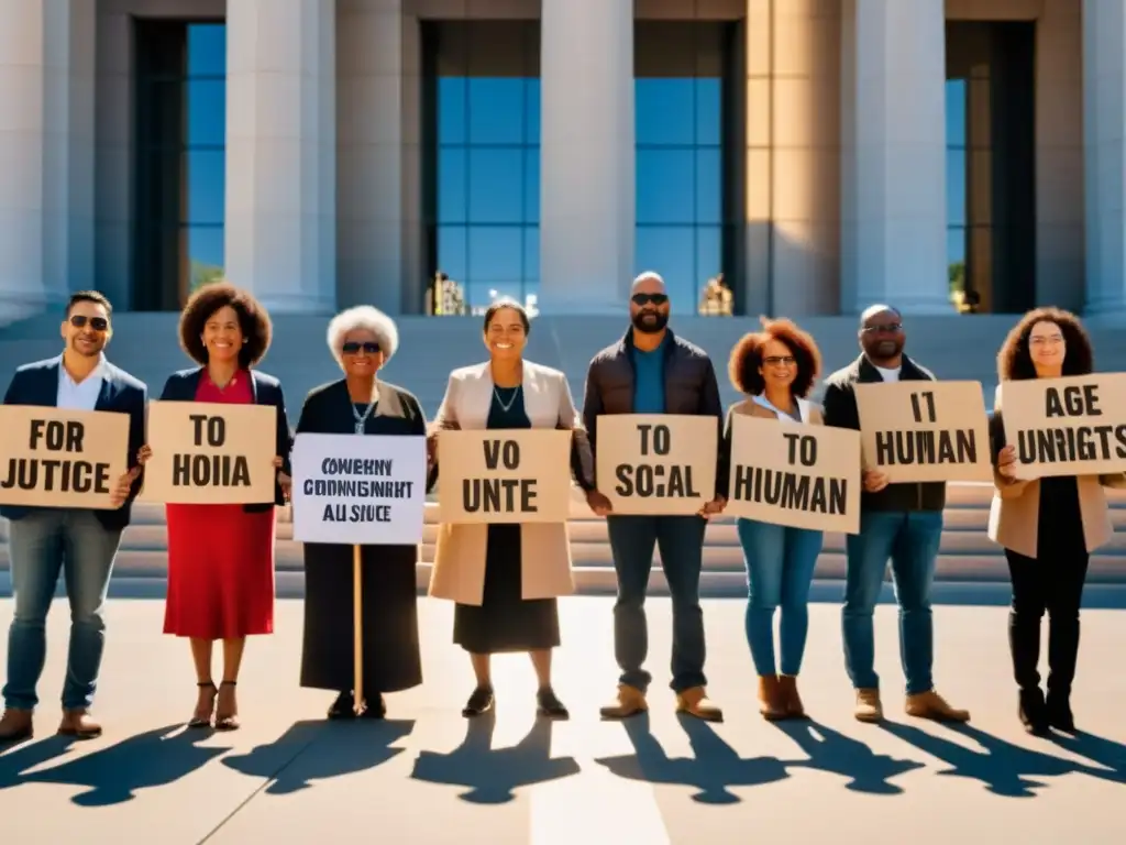 Un grupo diverso de activistas se unen frente a un edificio gubernamental, mostrando determinación y esperanza mientras sostienen pancartas con mensajes poderosos a favor de los derechos humanos y la justicia social