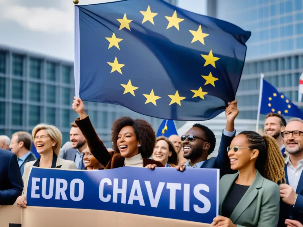 Un grupo diverso de activistas de ONG participa en una manifestación frente a la sede de la UE, abogando por cambios sociales y ambientales