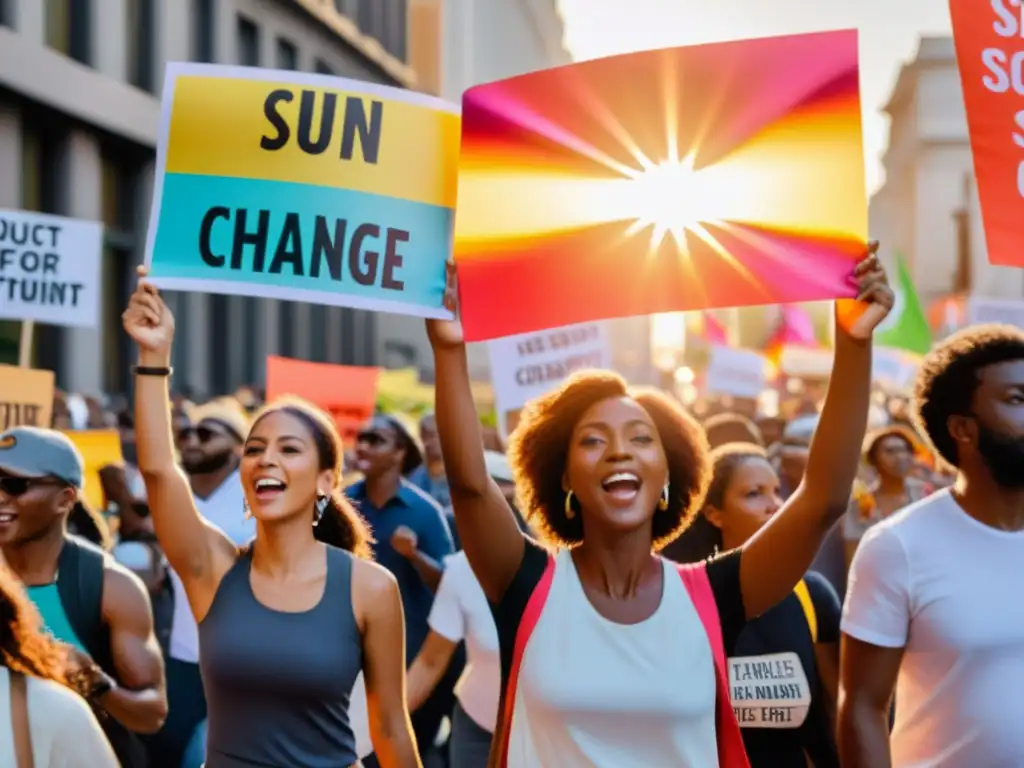 Grupo diverso de activistas marchando con pancartas coloridas por la ciudad en una protesta, representando estrategias incidencia efectivas ONGs