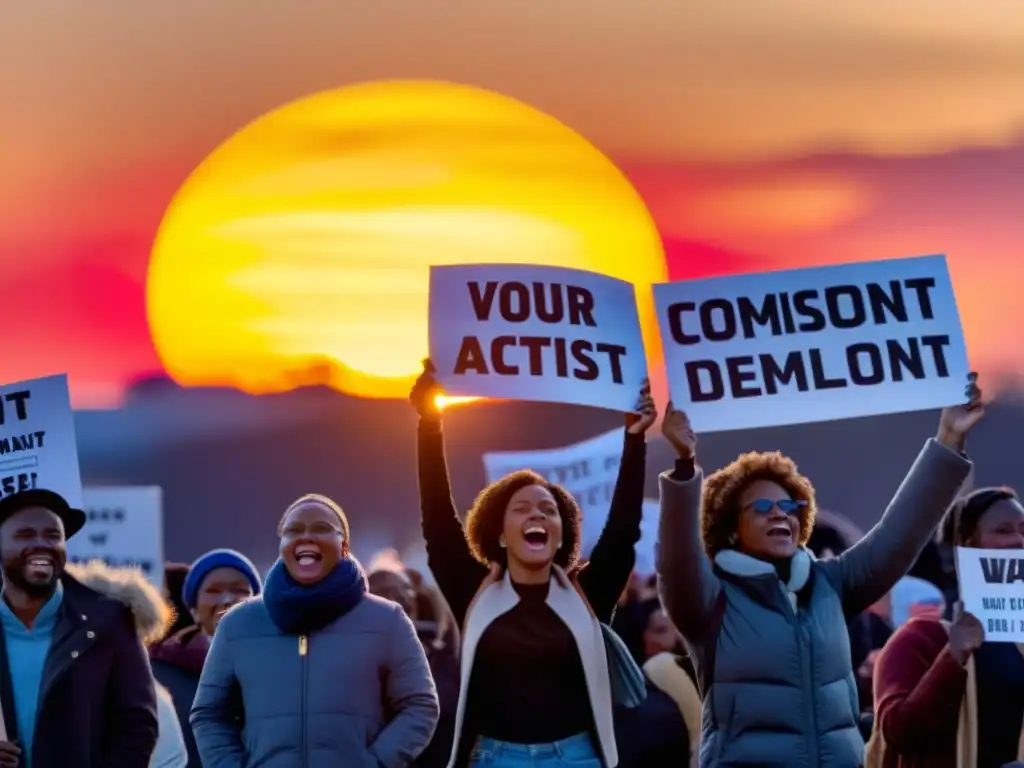 Grupo diverso de activistas con pancartas en protesta al atardecer, demostrando su compromiso por la incidencia digital en ONGs