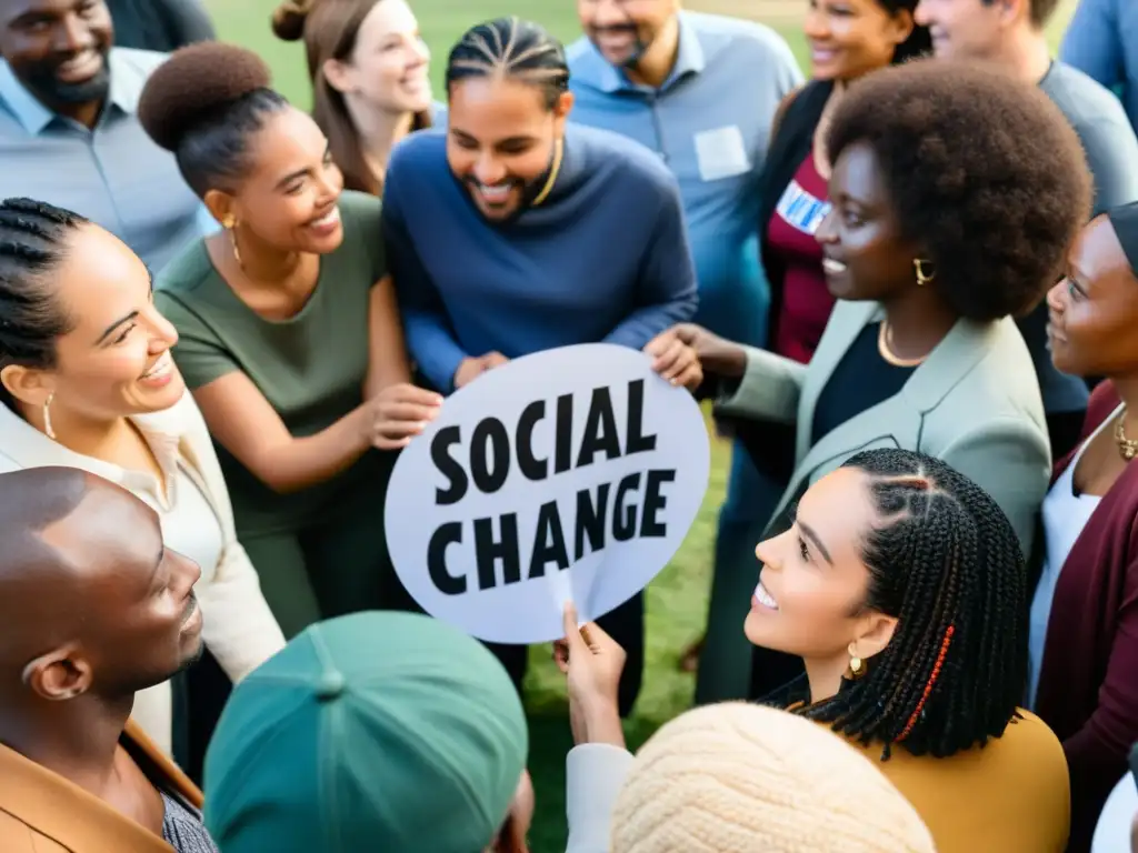 Un grupo diverso se reúne al aire libre para discutir temas sociales, mostrando pasión y compromiso