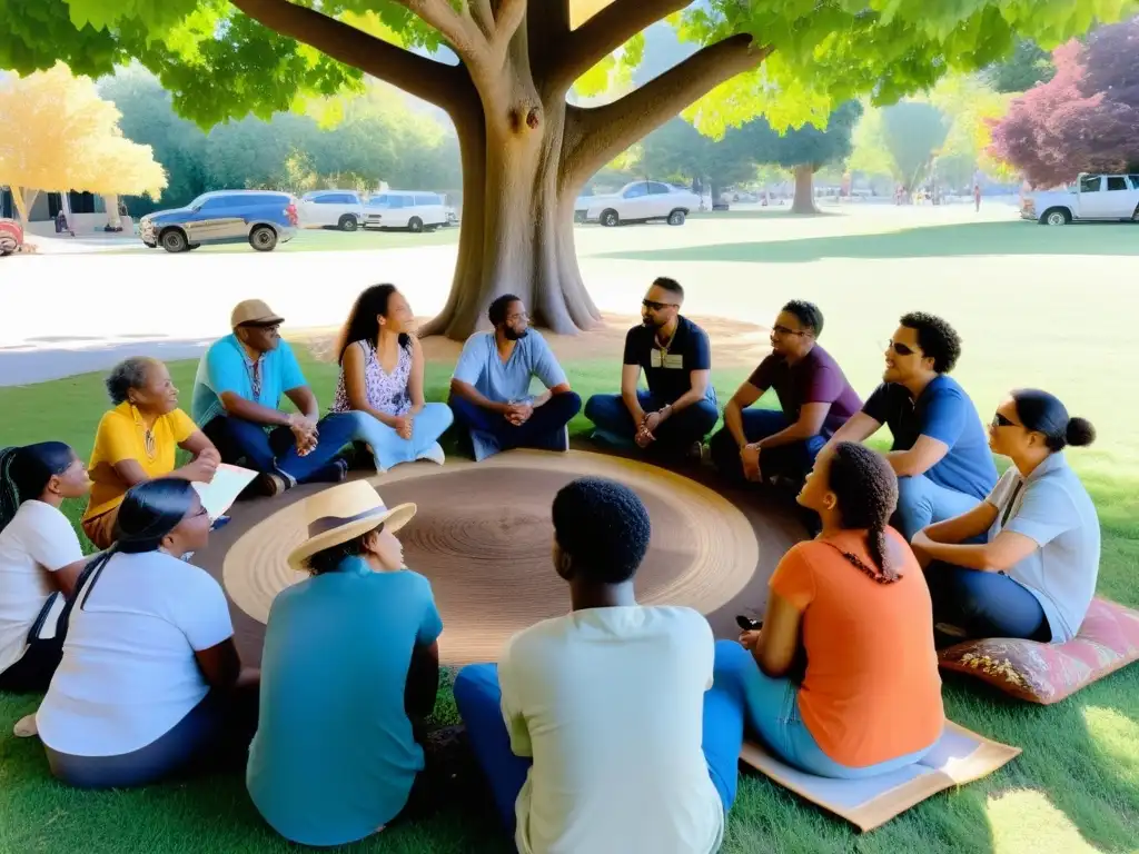 Grupo diverso participa en animada charla bajo un árbol, promoviendo estrategias comunicación efectivas participación comunitaria