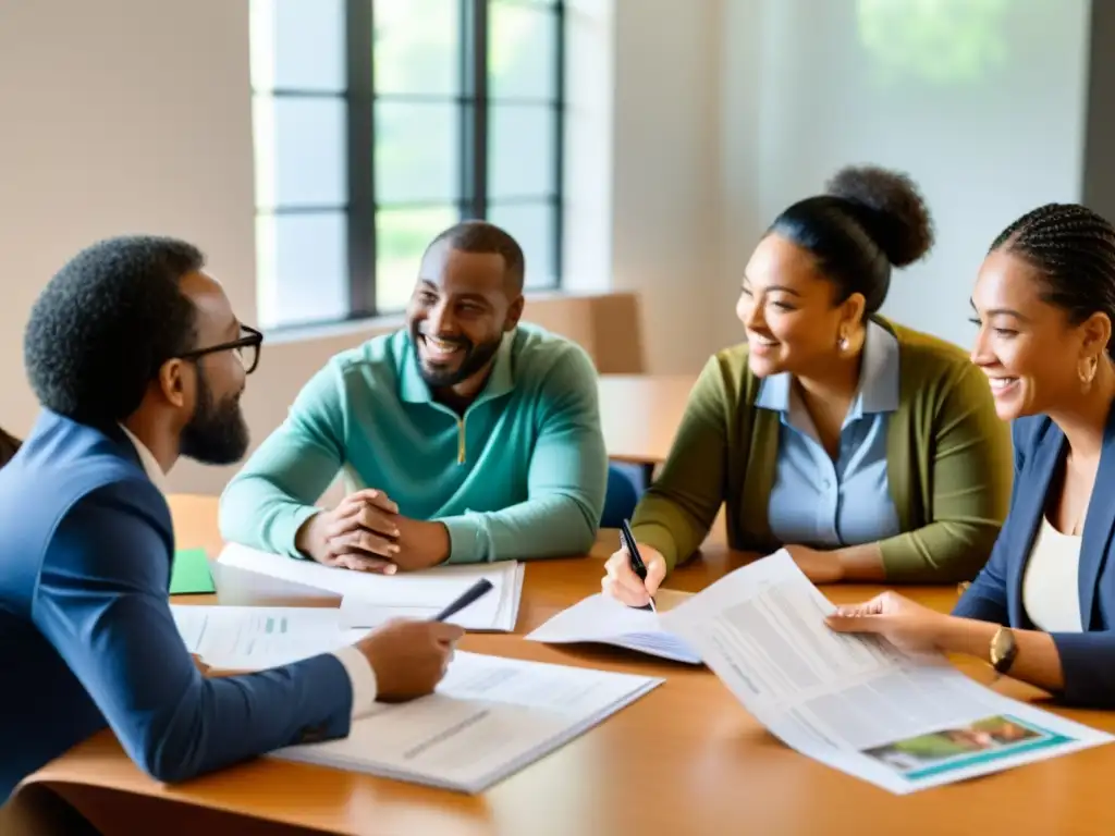Grupo diverso participa en animada formación en derechos humanos para ONGs, discutiendo ideas alrededor de una mesa llena de materiales educativos