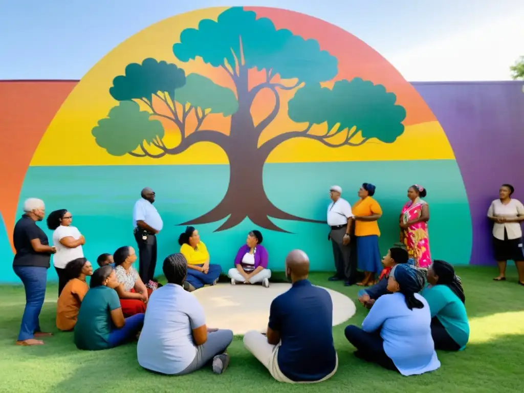 Grupo diverso participa en animada discusión bajo árbol