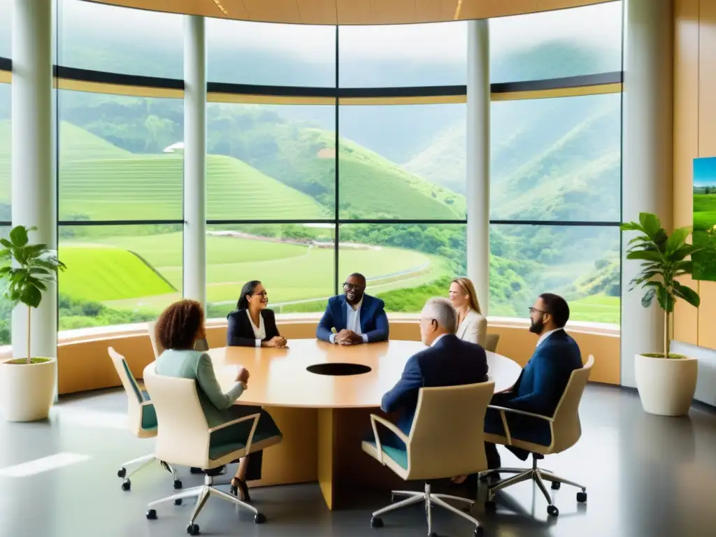 Grupo diverso en animada discusión sobre sostenibilidad en moderna sala con vista a paisaje verde