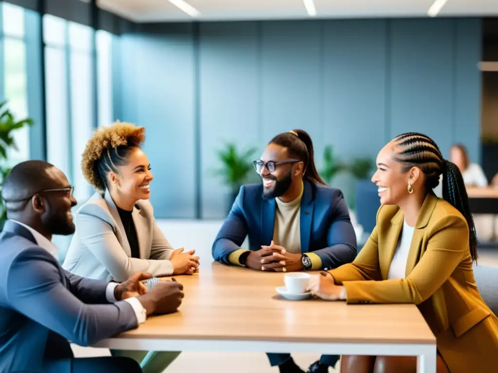 Grupo diverso en animada conversación en oficina moderna